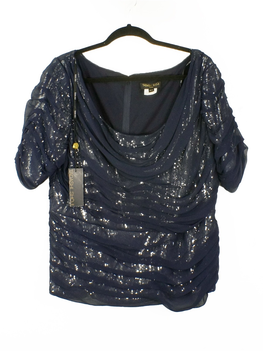 NWT Tadashi Shoji Too Navy Blue Overlay Silk Sequin Evening Event Top